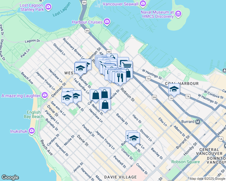 map of restaurants, bars, coffee shops, grocery stores, and more near 1542 Robson Street in Vancouver