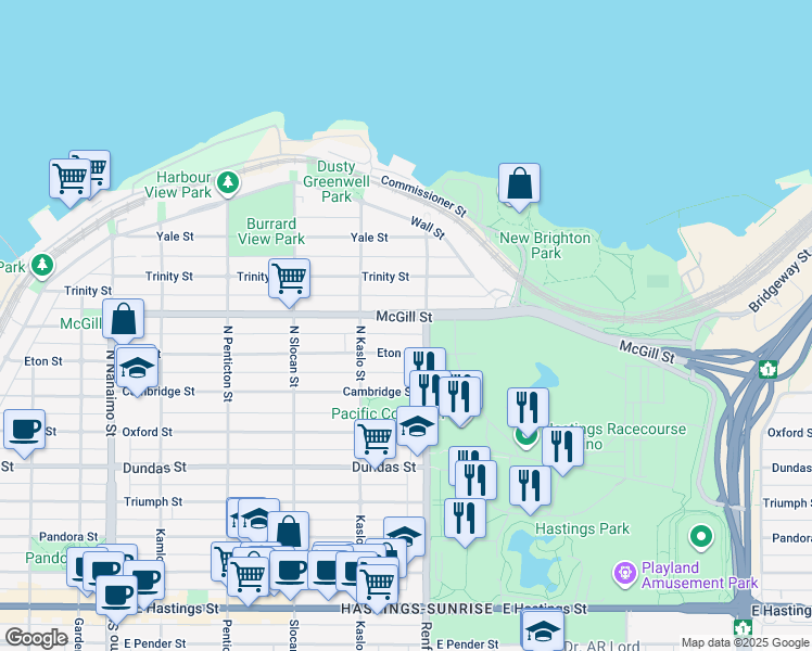 map of restaurants, bars, coffee shops, grocery stores, and more near 2870 McGill Street in Vancouver