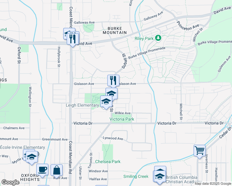 map of restaurants, bars, coffee shops, grocery stores, and more near 3457 Roxton Avenue in Coquitlam