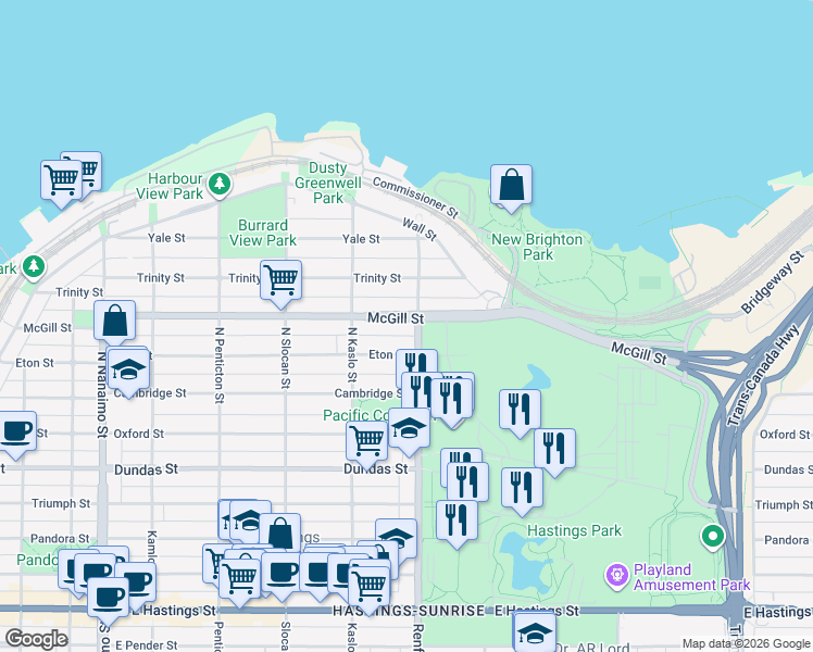 map of restaurants, bars, coffee shops, grocery stores, and more near 2894 McGill Street in Vancouver