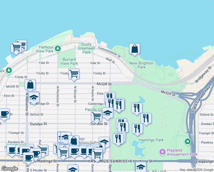 map of restaurants, bars, coffee shops, grocery stores, and more near 2894 McGill Street in Vancouver