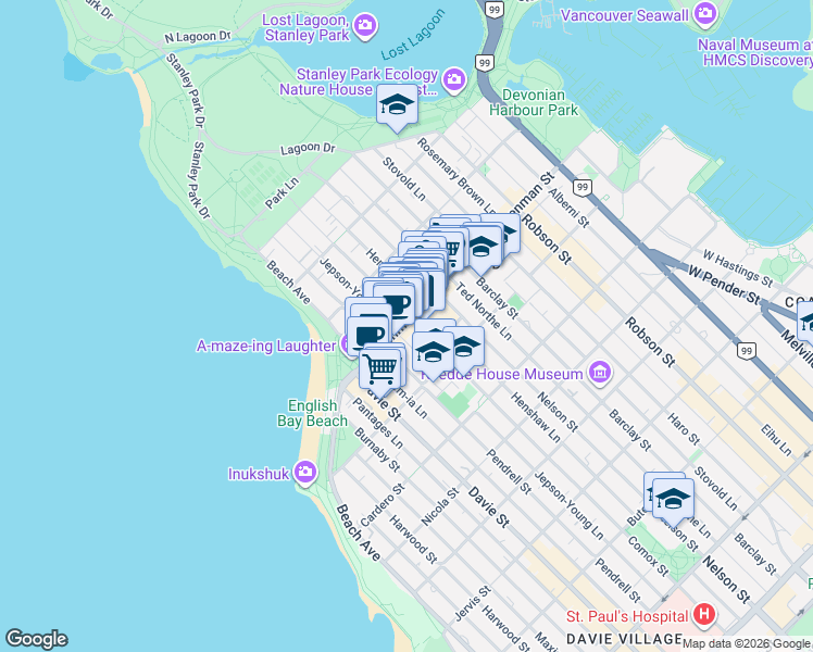 map of restaurants, bars, coffee shops, grocery stores, and more near 1074 Denman Street in Vancouver