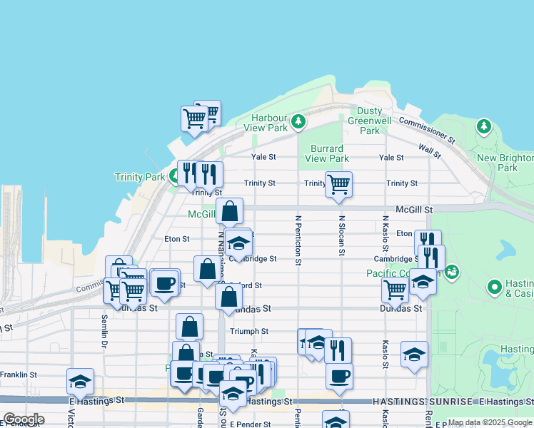 map of restaurants, bars, coffee shops, grocery stores, and more near 2528 McGill Street in Vancouver