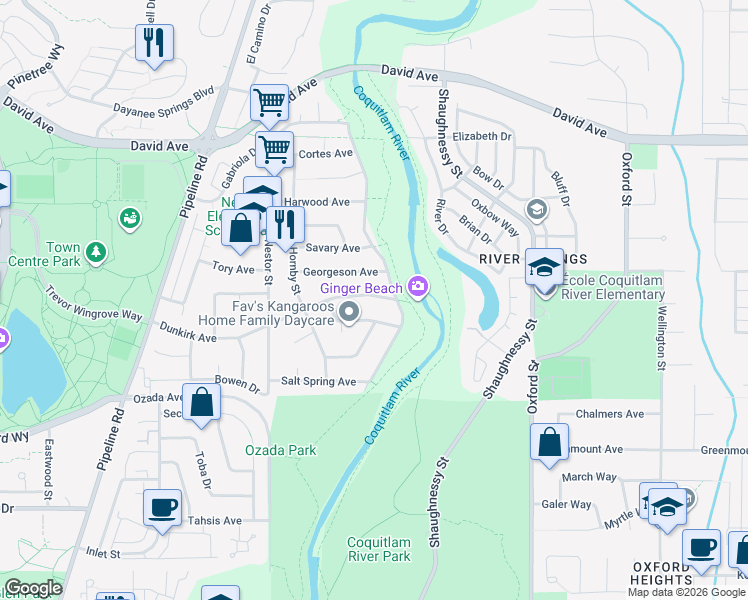 map of restaurants, bars, coffee shops, grocery stores, and more near 3256 Dunkirk Avenue in Coquitlam