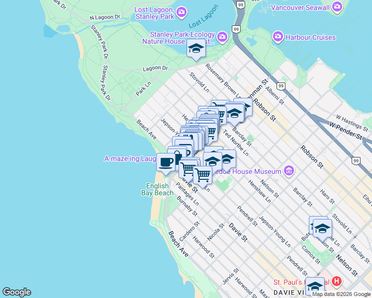 map of restaurants, bars, coffee shops, grocery stores, and more near 1819 Pendrell Street in Vancouver