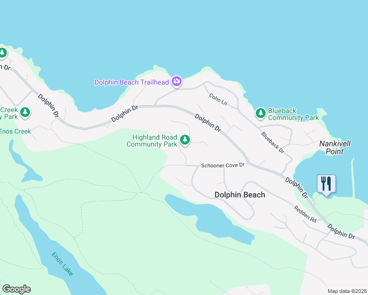 map of restaurants, bars, coffee shops, grocery stores, and more near Highland Road in Nanaimo