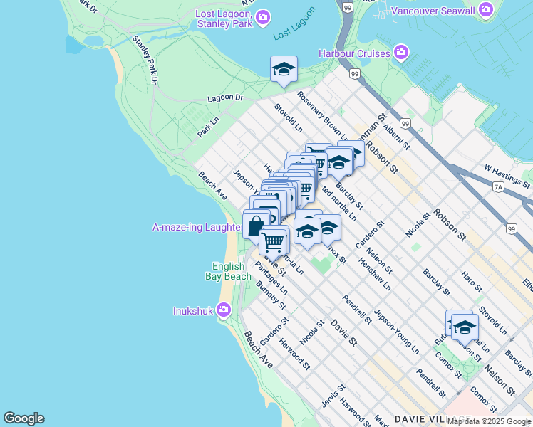 map of restaurants, bars, coffee shops, grocery stores, and more near in Vancouver