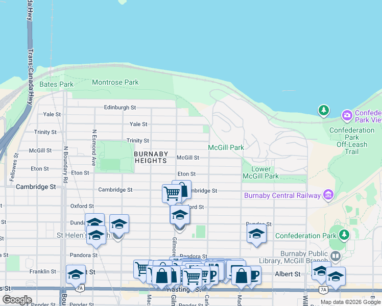 map of restaurants, bars, coffee shops, grocery stores, and more near 4137 McGill Street in Burnaby