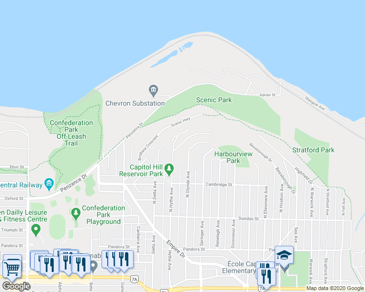 map of restaurants, bars, coffee shops, grocery stores, and more near 410 Hythe Avenue North in Burnaby