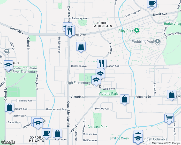 map of restaurants, bars, coffee shops, grocery stores, and more near 3419 Roxton Avenue in Coquitlam