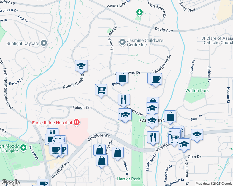 map of restaurants, bars, coffee shops, grocery stores, and more near 1298 Steeple Drive in Coquitlam