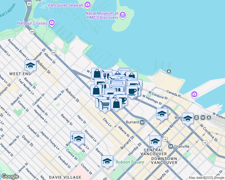 map of restaurants, bars, coffee shops, grocery stores, and more near 1208 West Pender Street in Vancouver