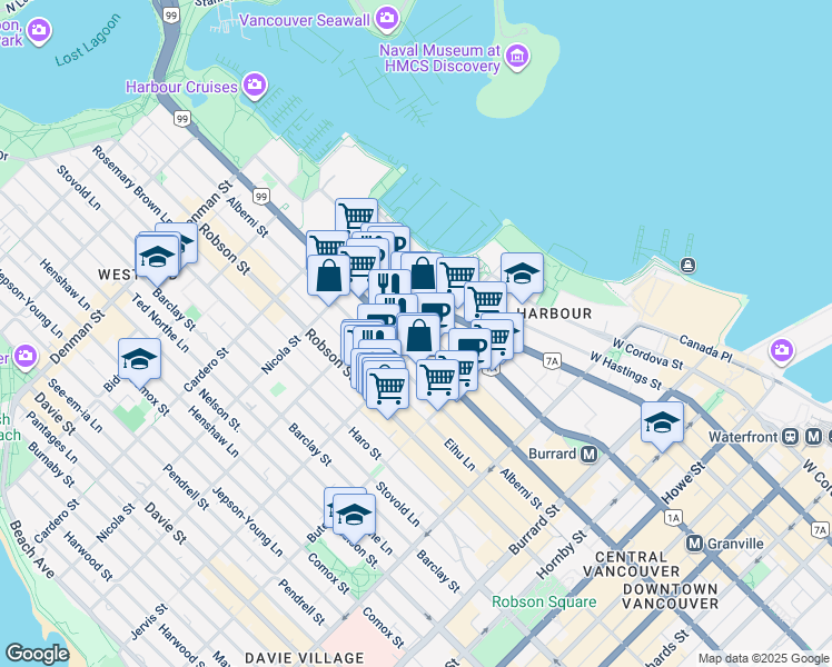 map of restaurants, bars, coffee shops, grocery stores, and more near in Vancouver