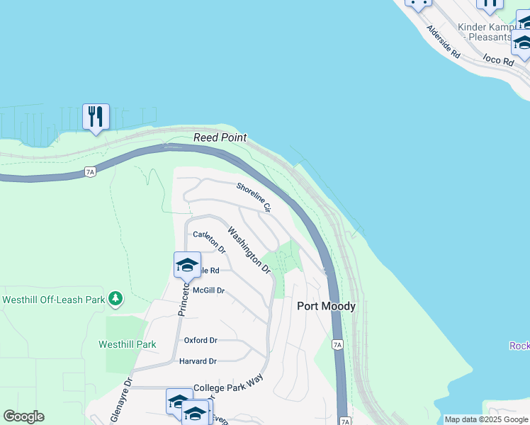 map of restaurants, bars, coffee shops, grocery stores, and more near 132 Shoreline Circle in Port Moody