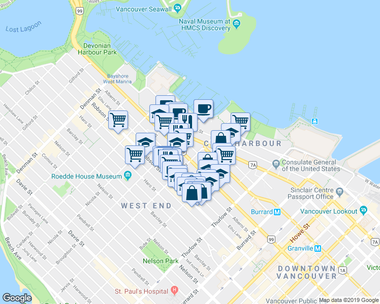 map of restaurants, bars, coffee shops, grocery stores, and more near 503-1333 West Georgia Street in Vancouver