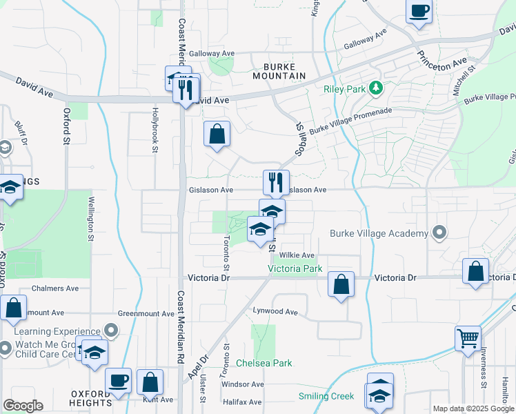 map of restaurants, bars, coffee shops, grocery stores, and more near 3429 Roxton Avenue in Coquitlam