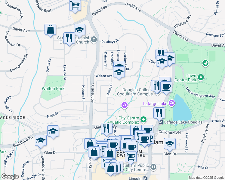 map of restaurants, bars, coffee shops, grocery stores, and more near 1271 Lasalle Place in Coquitlam