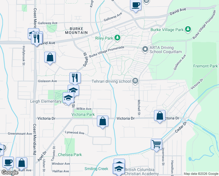 map of restaurants, bars, coffee shops, grocery stores, and more near 3475 Roxton Avenue in Coquitlam