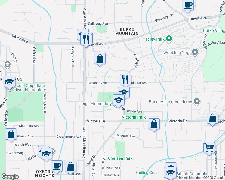 map of restaurants, bars, coffee shops, grocery stores, and more near 3423 Roxton Avenue in Coquitlam