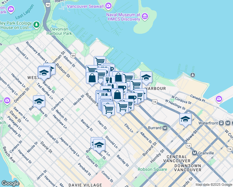 map of restaurants, bars, coffee shops, grocery stores, and more near 1331 West Georgia Street in Vancouver