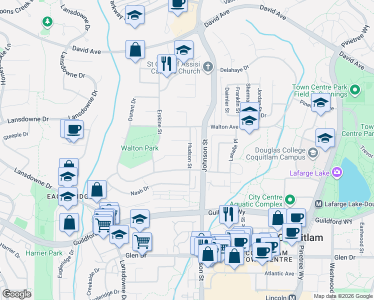 map of restaurants, bars, coffee shops, grocery stores, and more near 1266 Hudson Street in Coquitlam