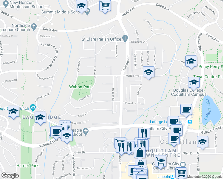 map of restaurants, bars, coffee shops, grocery stores, and more near 1266 Hudson Street in Coquitlam
