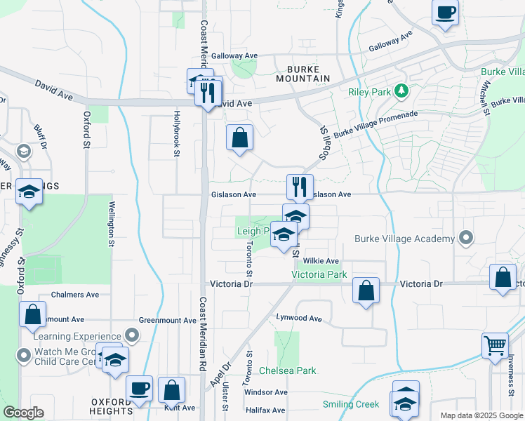 map of restaurants, bars, coffee shops, grocery stores, and more near 3423 Roxton Avenue in Coquitlam