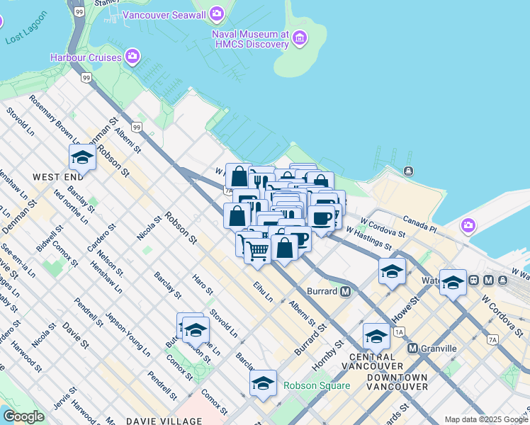 map of restaurants, bars, coffee shops, grocery stores, and more near in Vancouver