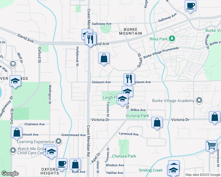map of restaurants, bars, coffee shops, grocery stores, and more near 3419 Roxton Avenue in Coquitlam