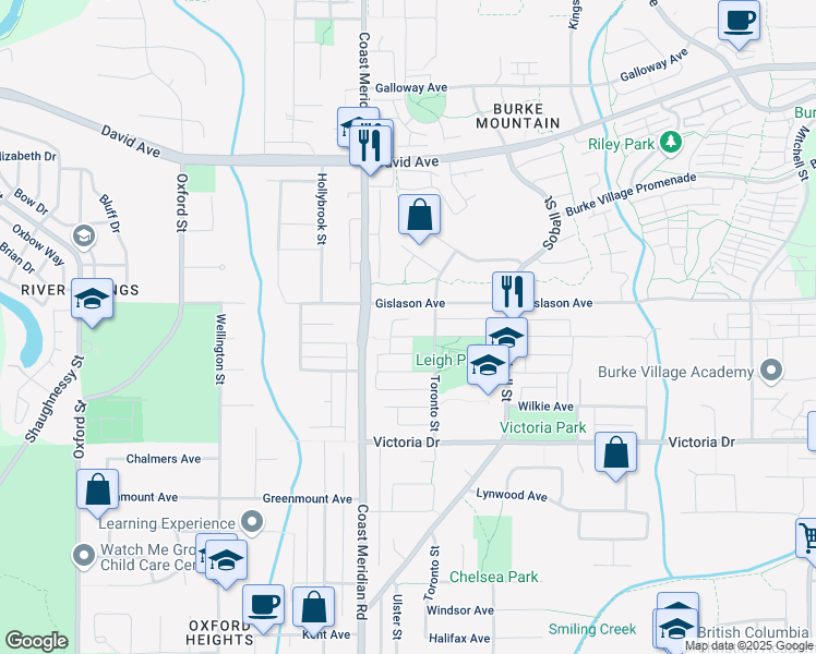 map of restaurants, bars, coffee shops, grocery stores, and more near 3411 Roxton Avenue in Coquitlam