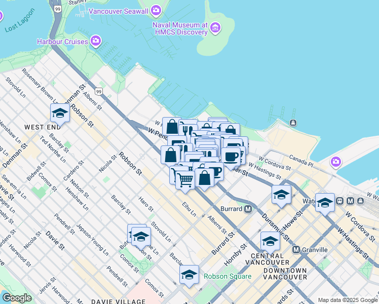 map of restaurants, bars, coffee shops, grocery stores, and more near in Vancouver