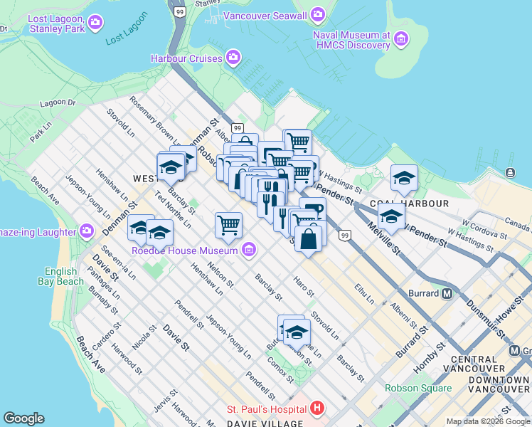 map of restaurants, bars, coffee shops, grocery stores, and more near Robson Street in Vancouver