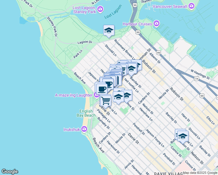 map of restaurants, bars, coffee shops, grocery stores, and more near 1061 Denman Street in Vancouver