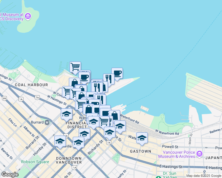map of restaurants, bars, coffee shops, grocery stores, and more near in Vancouver