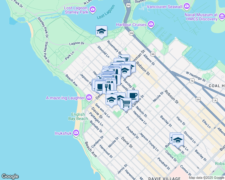 map of restaurants, bars, coffee shops, grocery stores, and more near in Vancouver