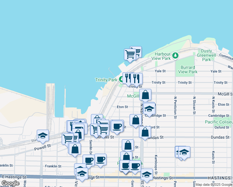 map of restaurants, bars, coffee shops, grocery stores, and more near 2211 Wall Street in Vancouver