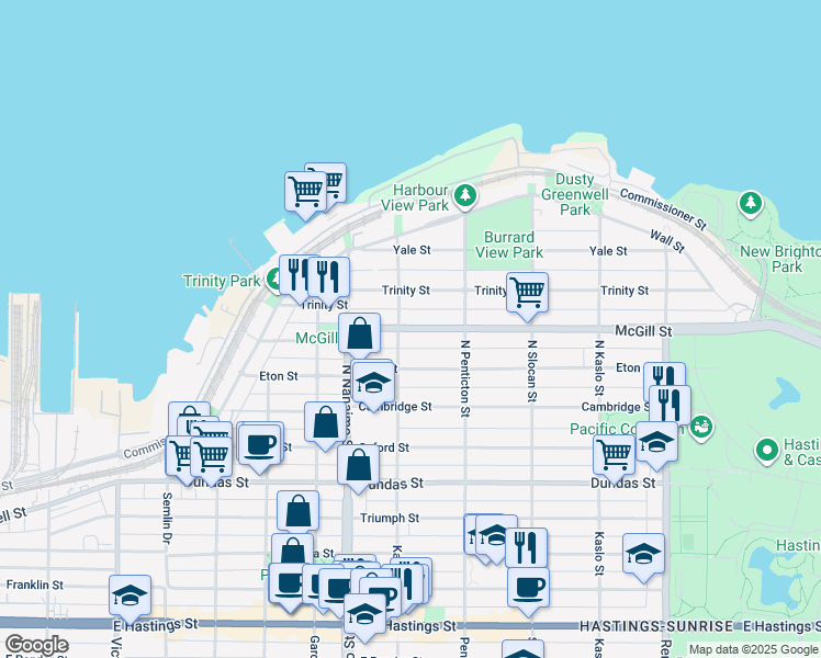 map of restaurants, bars, coffee shops, grocery stores, and more near 2516 McGill Street in Vancouver