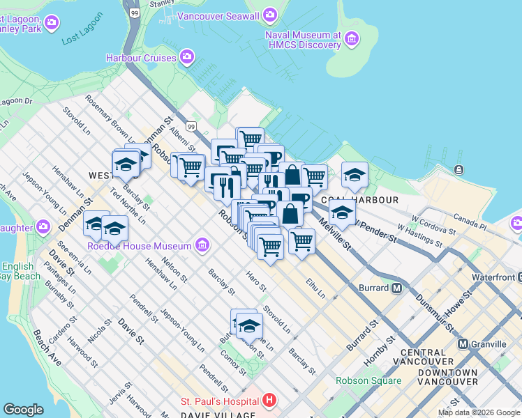 map of restaurants, bars, coffee shops, grocery stores, and more near 1367 Alberni Street in Vancouver
