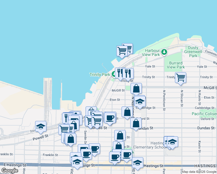 map of restaurants, bars, coffee shops, grocery stores, and more near 2211 Wall Street in Vancouver