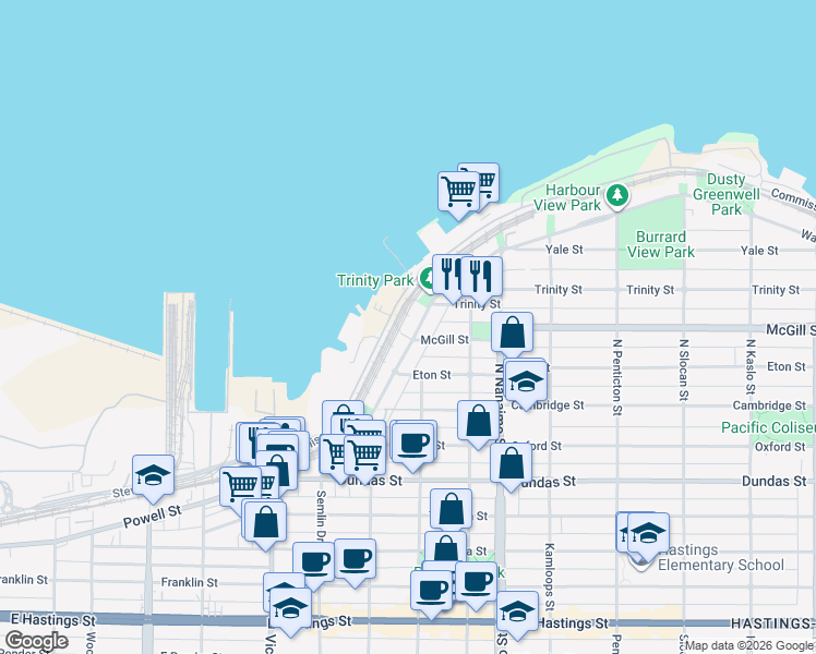 map of restaurants, bars, coffee shops, grocery stores, and more near 2211 Wall Street in Vancouver