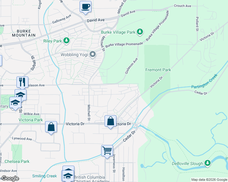 map of restaurants, bars, coffee shops, grocery stores, and more near 3553 Baycrest Avenue in Coquitlam