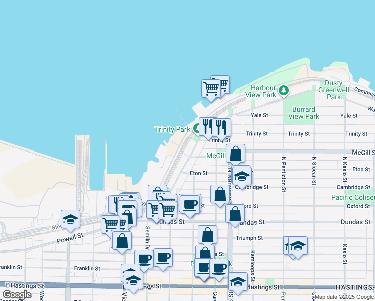 map of restaurants, bars, coffee shops, grocery stores, and more near 2211 Wall Street in Vancouver