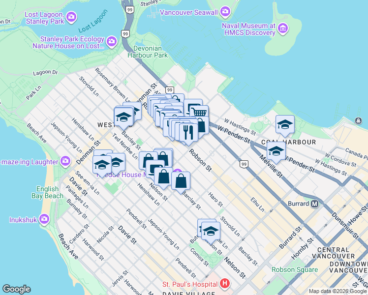 map of restaurants, bars, coffee shops, grocery stores, and more near 1510 Robson Street in Vancouver