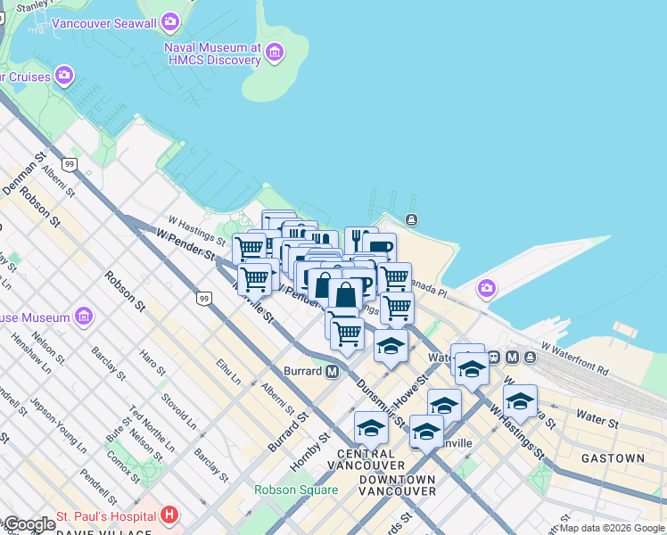 map of restaurants, bars, coffee shops, grocery stores, and more near 1151 West Cordova Street in Vancouver
