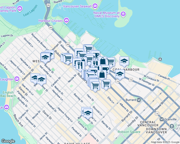 map of restaurants, bars, coffee shops, grocery stores, and more near 1444 Alberni Street in Vancouver