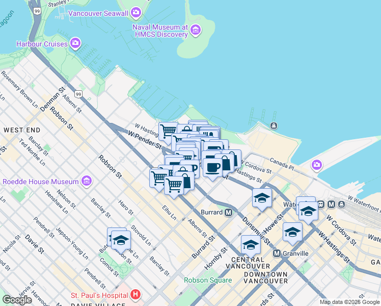 map of restaurants, bars, coffee shops, grocery stores, and more near in Vancouver