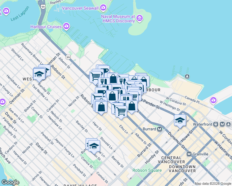 map of restaurants, bars, coffee shops, grocery stores, and more near 621 Jervis Street in Vancouver