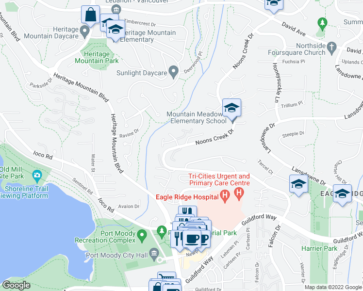 map of restaurants, bars, coffee shops, grocery stores, and more near 915 Britton Drive in Port Moody