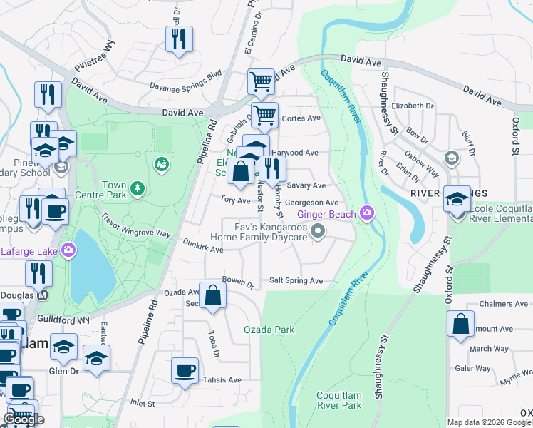 map of restaurants, bars, coffee shops, grocery stores, and more near 1241 Nestor Street in Coquitlam