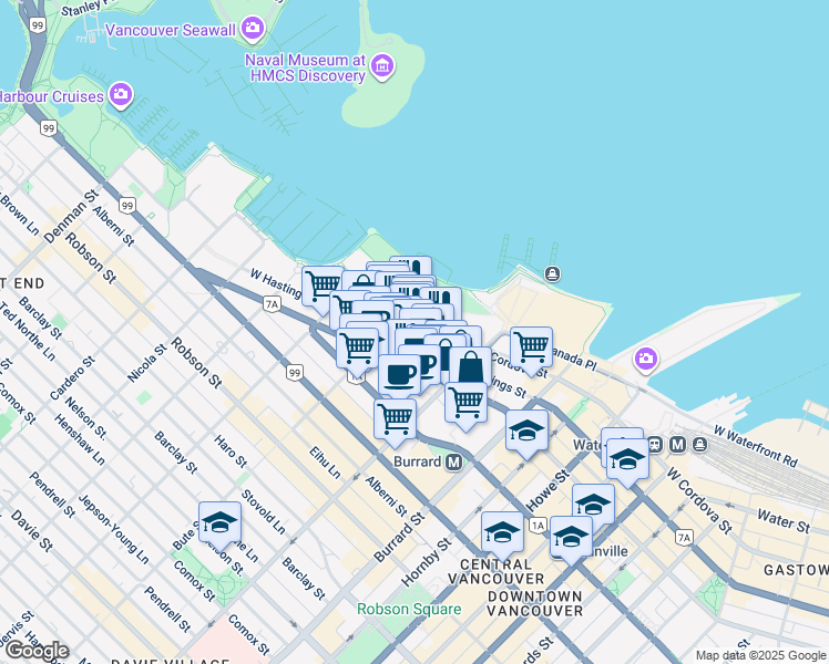 map of restaurants, bars, coffee shops, grocery stores, and more near 1155 West Hastings Street in Vancouver